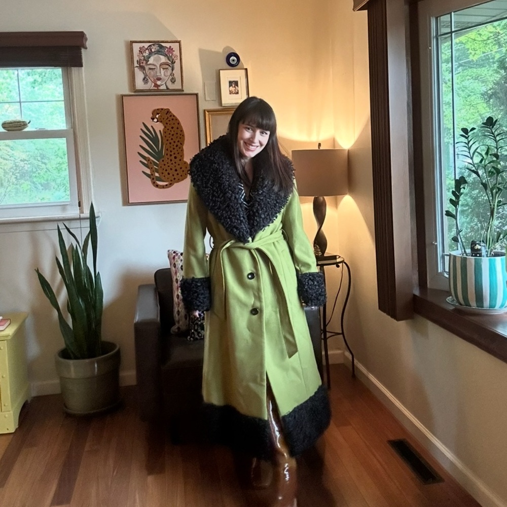 Vintage-Inspired Olive Green Faux Fur Trim Coat – Retro Glam by Midnight Velvet